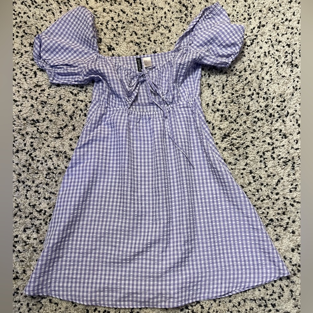 Lavender Gingham Puff-Sleeve Peekaboo Mini Dress